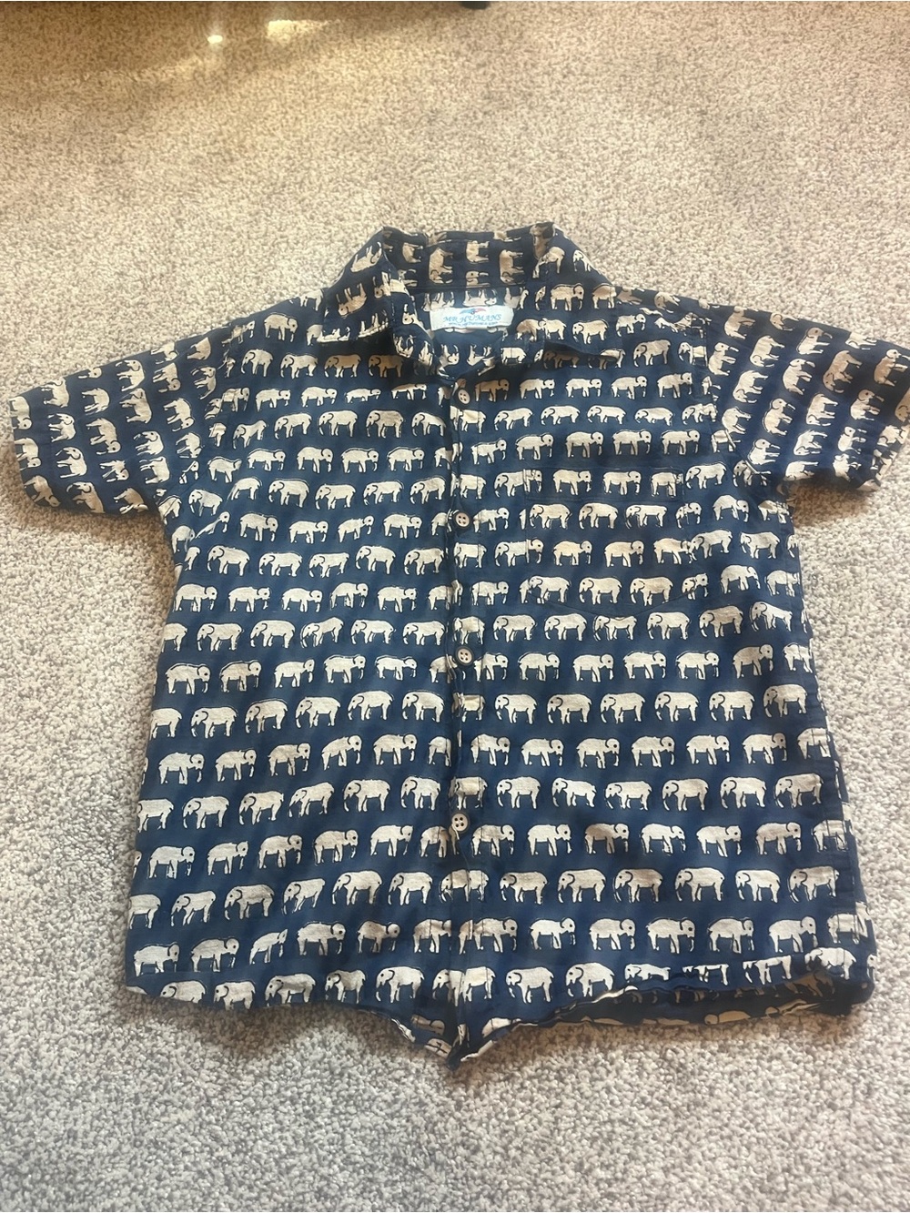 Boys Navy Elephant-Print Short Sleeve Button-Down Shirt